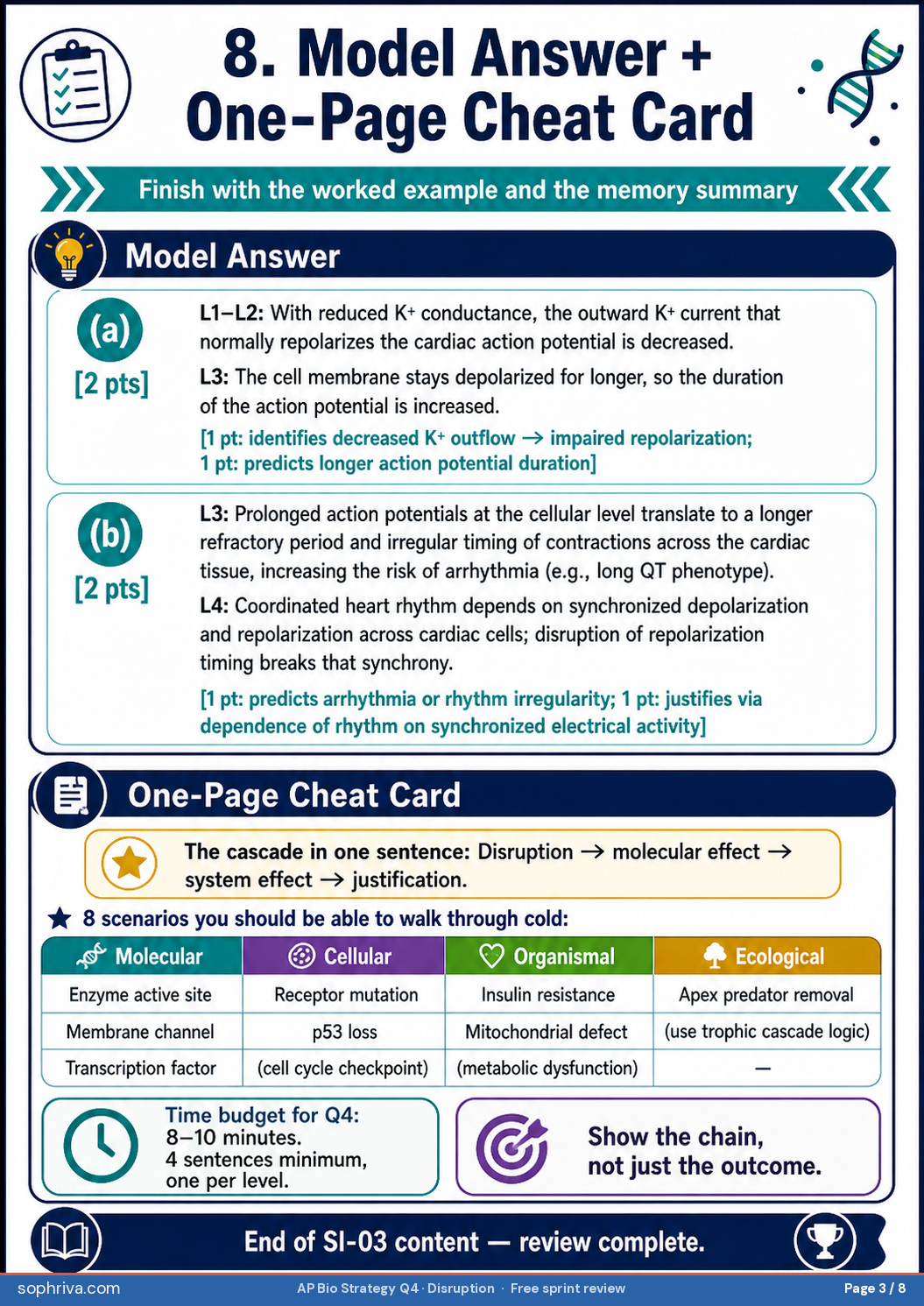 Four-level cascade framework. Level 1 disruption: name the change. Level 2 immediate molecular or cellular effect: what fails first at the molecular level. Level 3 system-level effect: how the molecular failure cascades to the cell, organ, or organism. Level 4 evidence and justification: why this chain is biologically necessary.